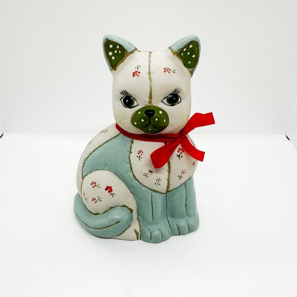 Vintage 80s Lefton Ceramic Cat Kitten Quilt Quilted Patchwork Cottagecore Teddy - Picture 1 of 8